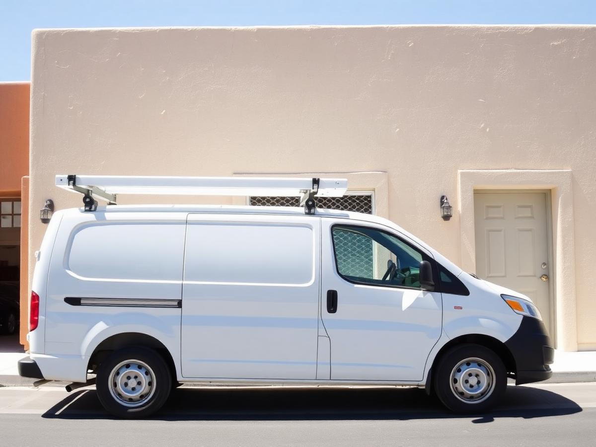 A small independent contractor's work van parked outside a desert-toned Las Vegas trade shop